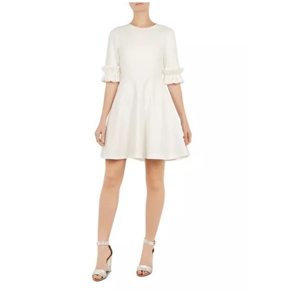 Ted Baker Ritzi White‎ Ruffle Sleeve Fit & Flare Dress Size 1 US 4 Exposed Zip